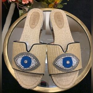 SCHUTZ Raffia Tan and Blue Beaded Evil Eye Artistic Sandals 10 B